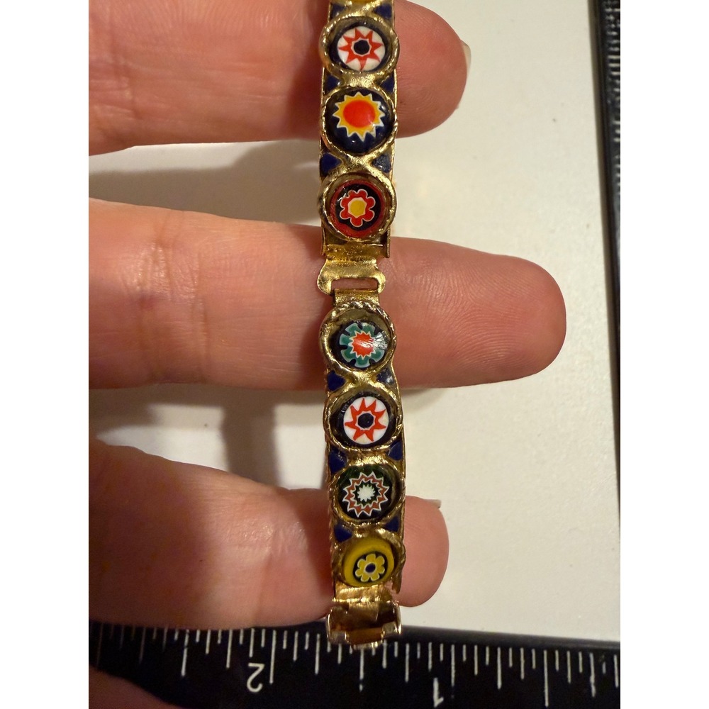 Vintage Italian Micro Mosaic Millefiori Glass Gold Tone Bracelet‎ Floral 7.5"